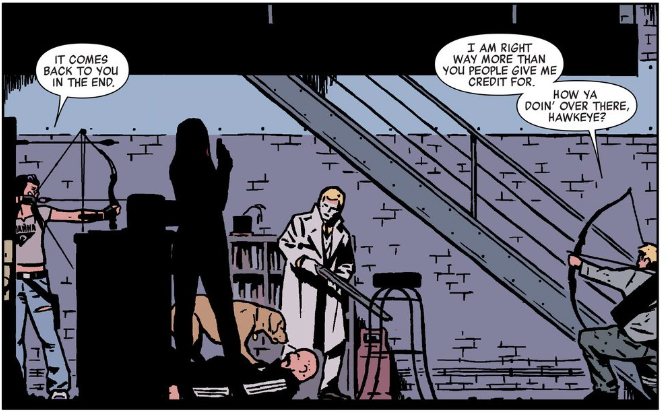 Keep telling yourself that, Clint. [From Hawkeye #22 by Fraction, Aja, Hollingsworth and Eliopoulos]